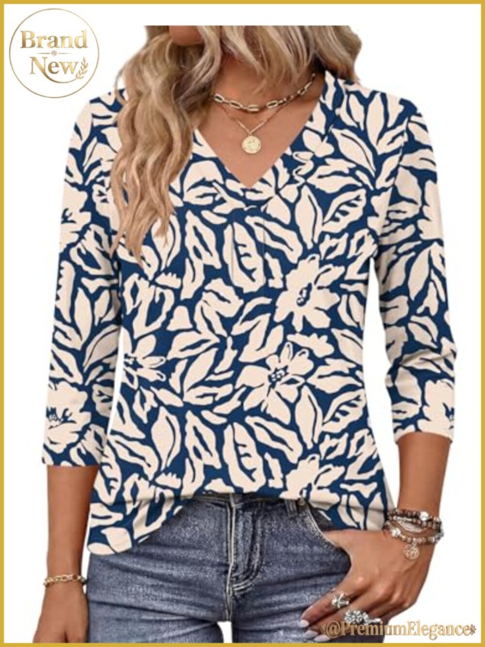 Boho V Neck 3/4 Sleeve Tunic Top Loose Fit Casual Floral Blouse